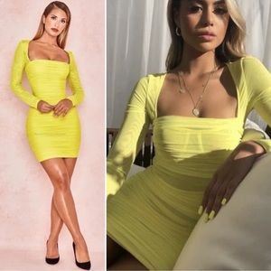 28 House of CB Valentina Ruched Organza Mesh Mini Dress *Chartreuse*